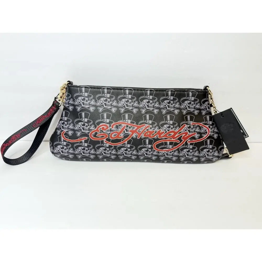 Ed Hardy Black Striking Tiger Tattoo Art With Rhinestones Shoulder Bag w/Charms